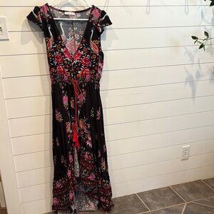 Chic Black and Pink Floral High Low Dress with button down front.